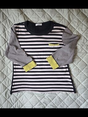Striped Long Sleeve Pocket Tee with Yellow Trim